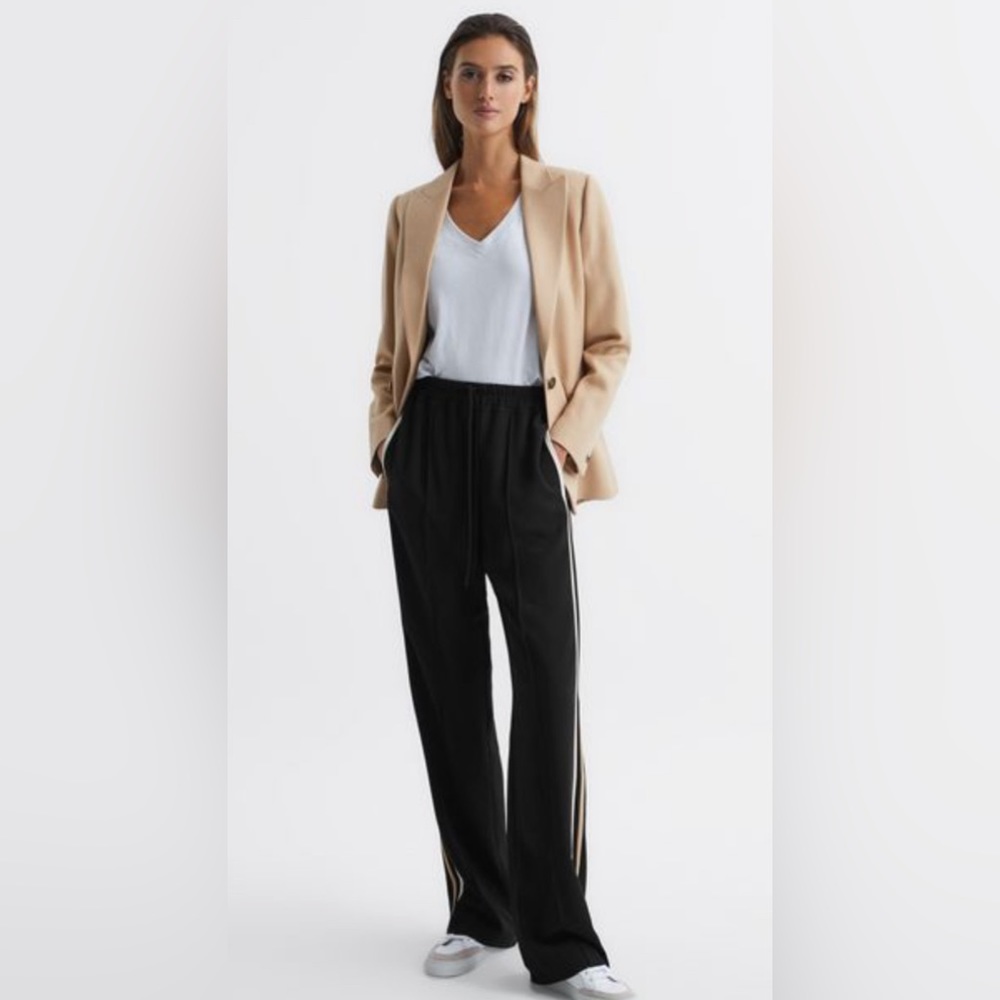 Reiss Black Wide-Leg Track Pants with Beige Side Stripes